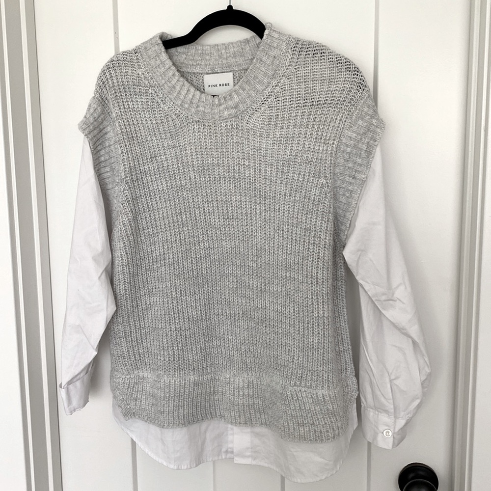 Women’s Pink Rose Sweater-Blouse (Gray sweater, white blouse). Size - Small